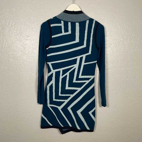 Title Nine Women S Blue Geometric Sweater Dress Cowl Neck Pockets Merino Wool - Picture 7 of 10